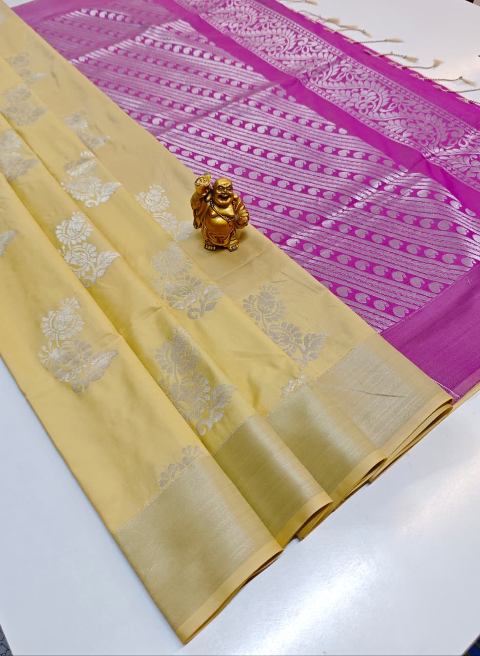 Cream Katan Silk Saree with Orchid Pink Silver Zari Weaving